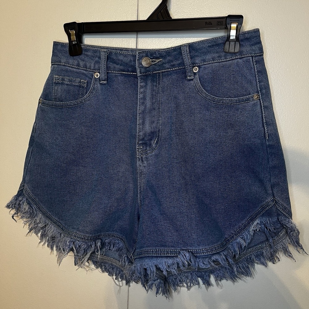 American Bazi Womens Cut-Off Shorts Blue DenimFringe Pockets Stretch Size Medium